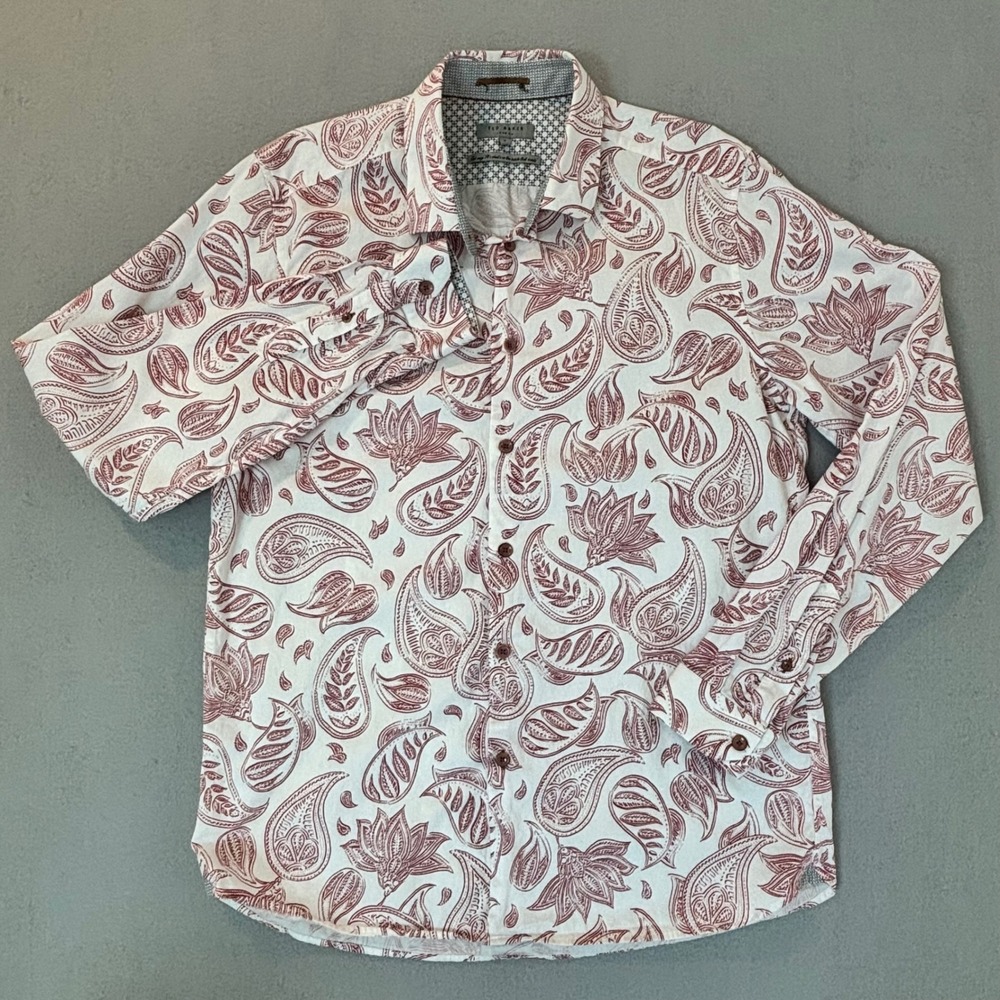 Ted Baker London Mens Paisley Floral Button Down Shirt White Burgundy Size 5 XL